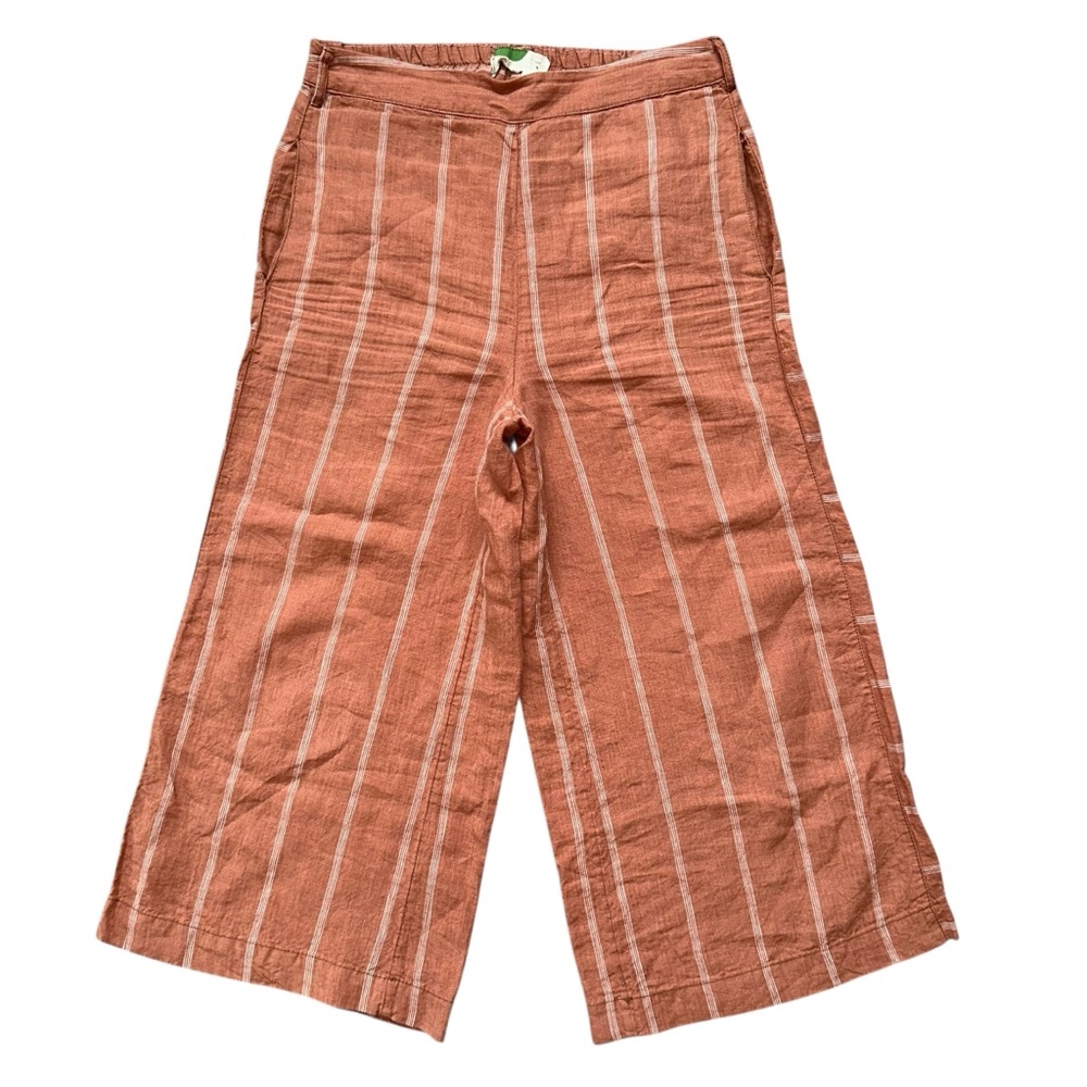 Anthropologie Terracotta Orange & White High Rise Pull On Linen Wide Leg Pants S